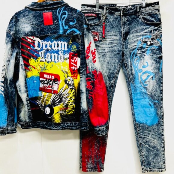 A Set Y2K STREETWEAR EMBROIDED Dreamland Denim Jeans Mens 3XL TOP,  Bot  JEAN 38 - Picture 4 of 16
